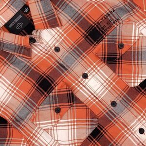 Harley-Davidson Shirt Mens Medium Orange Plaid Short Sleeve Button Up Back Logo